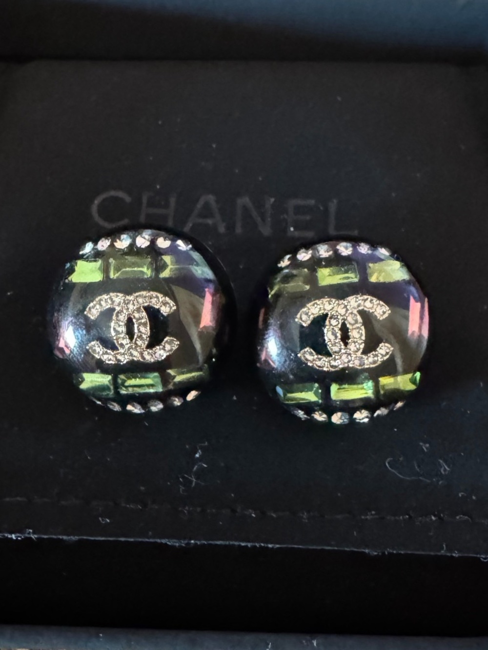 Rare Limited Edition Chanel CC Logo Green and Pink Enamel Crystal Stud Earrings